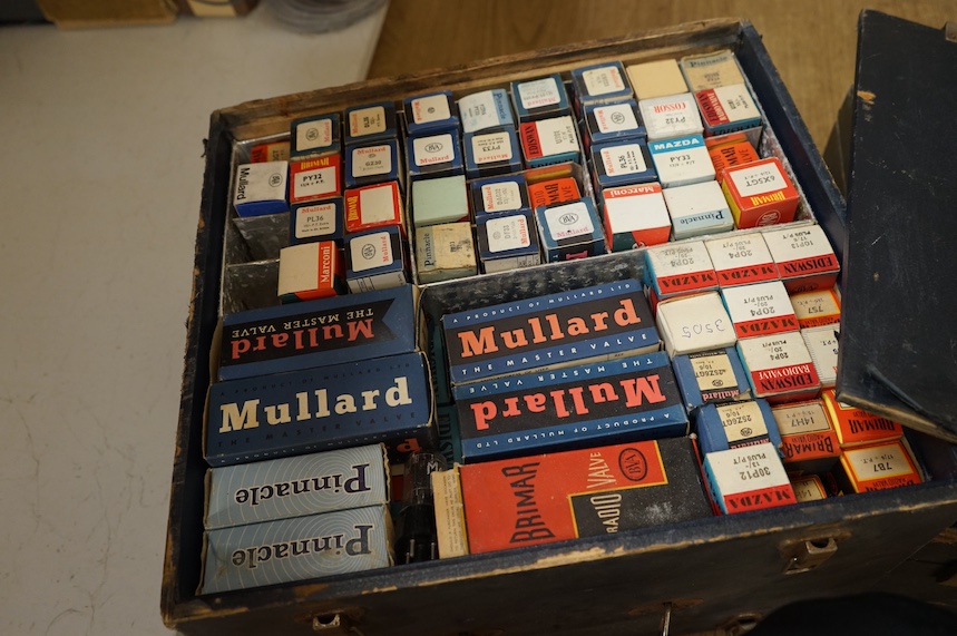 Two double-sided storage cases of valves for radio and television, etc. manufactured by Mullard, Pinnacle, Ediswan, Mazda, Marconi, etc., most in their original card boxes, together with a collection of tools including t